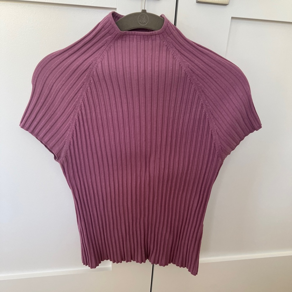 EVIE Purple Ribbed Silk Mock Neck Y2K Short Sleeve Sweater [Large]